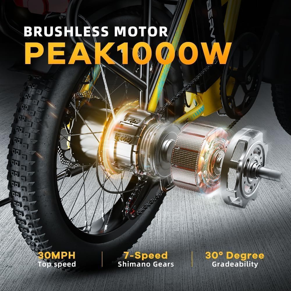 1000 Peak Electric Bike for Adults,up 80 Miles Removable Battery Ebike, 20' Electric E Bike with 7-Speed,Adult Electric Bicycles for Commute Beach Snow All Terrain