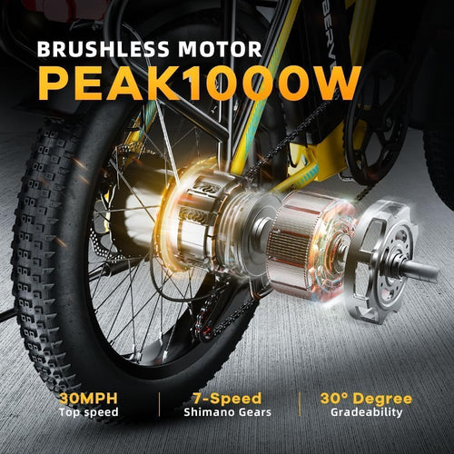 1000 Peak Electric Bike for Adults,up 80 Miles Removable Battery Ebike, 20' Electric E Bike with 7-Speed,Adult Electric Bicycles for Commute Beach Snow All Terrain