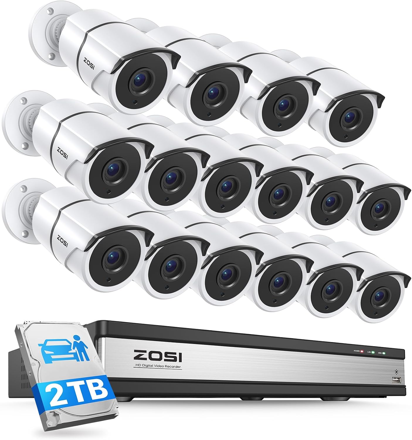 ZOSI 16CH Security Camera System with 2TB Hard Drive, 16 x 1080P Wired Metal Outdoor Indoor Cameras with Audio, AI Person/Vehicle Detection, 120ft Night Vision, 24/7 Recording for Home Business