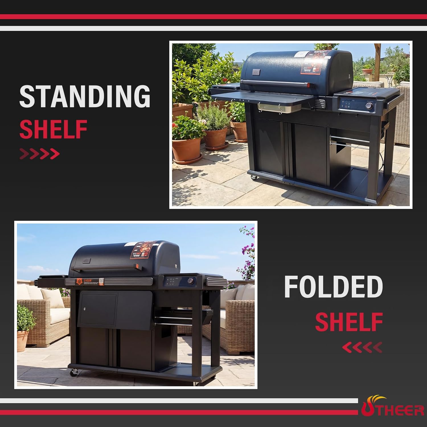 Utheer Upgraded Folding Front Shelf for Traeger Woodridge Pro, Woodridge Pro Plus, Woodridge Elite & Ironwood/Ironwood XL Pellet Grill, 28' BBQ Prep Table with Cutting Board, Basin & 4 Hooks