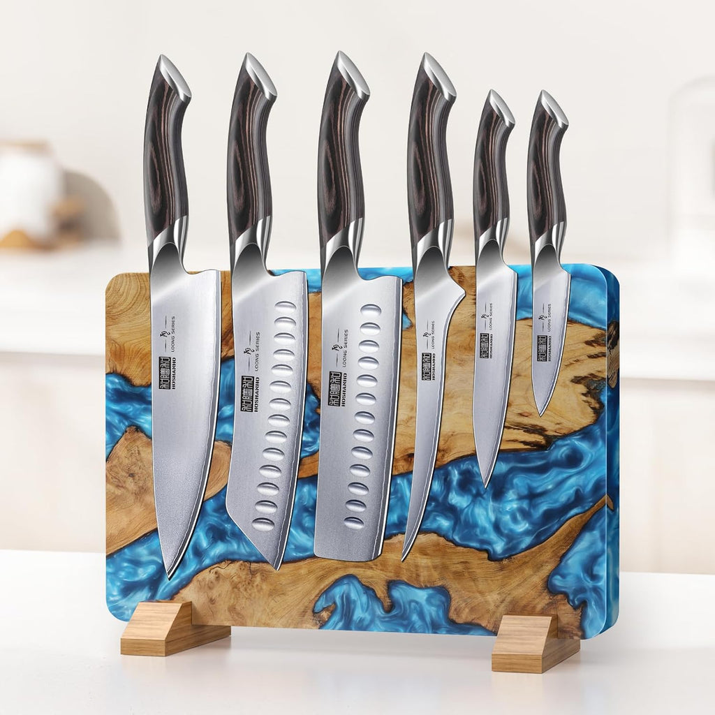 HOSHANHO Resin Magnetic Knife Block, Double Sided Magnetic Knife Holder and Kitchen Knife Organizer Storage, Thickened Acacia Wood Universal Knife Block for Chefs