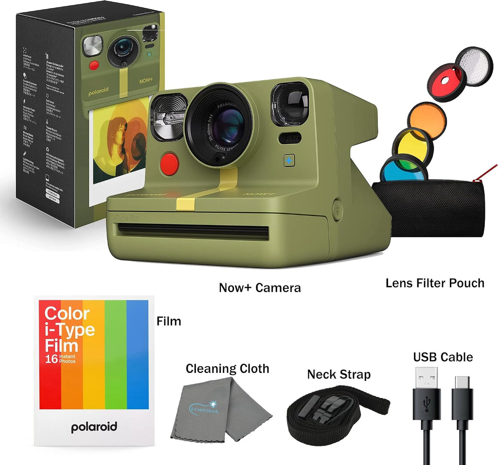 Polaroid Now+ Gen 2 Instant Camera, Forest Green, Bluetooth Now Plus Film Camera with 5 Piece Lens Filter Kit & Pouch, 8 Color Film, Works with Polaroid i-Type and 600 Film, and Lens Cleaning Cloth