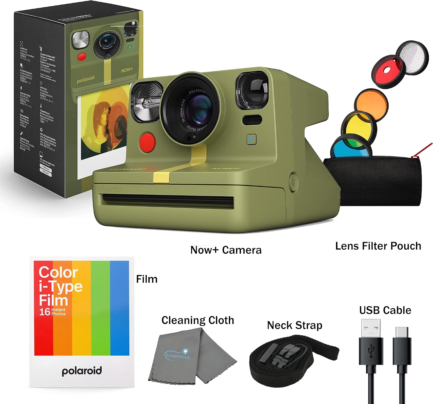 Polaroid Now+ Gen 2 Instant Camera, Forest Green, Bluetooth Now Plus Film Camera with 5 Piece Lens Filter Kit & Pouch, 8 Color Film, Works with Polaroid i-Type and 600 Film, and Lens Cleaning Cloth