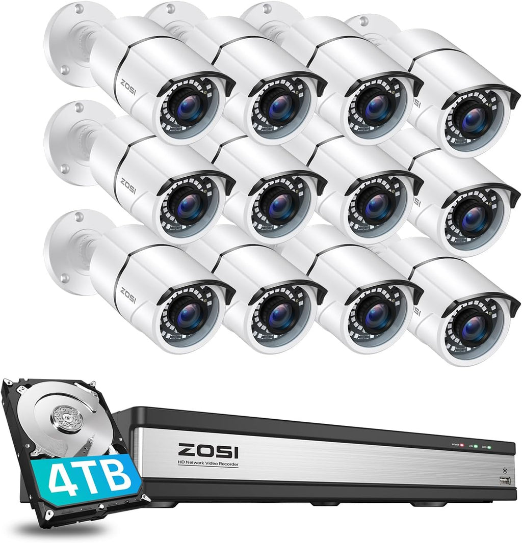 ZOSI H.265+ 1080p 16 Channel Home Security Camera System, 16CH DVR with AI Human Vehicle Detect, 12 x 1080p Surveillance Camera Outdoor, 120ft Night Vision, 105°Wide Angle, Remote Access, 4TB HDD