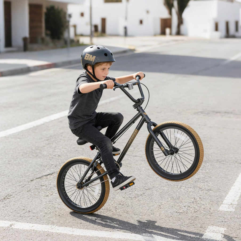 KORIMEFA Freestyle BMX Bike 18 20 inch Kids Boys Trick Bicycle for 7-12 Years Old, Hi-Ten Steel Frame, Beginner-Level to Advanced Riders