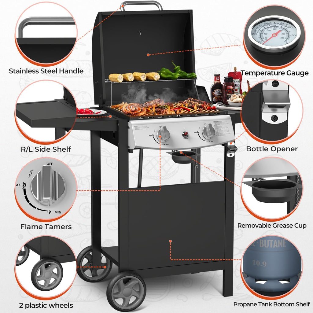 2-Burner Propane Gas Grill with Side Tables-20,000 BTU Stainless Steel Outdoor BBQ Grill,325 sq.in. Portable with Side Storage Shelves and Wheels for Patio, Campingfor Patio & Camping,Black