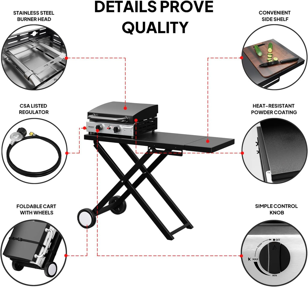ROVSUN 20000 BTU Foldable Flat Top Gas Grill with Cart, Enameled Tray & Lid, 2 Burner Portable Rolling Propane Griddle with Electronic Ignition & Regulator for Outdoor Cooking Camping BBQ Tailgating