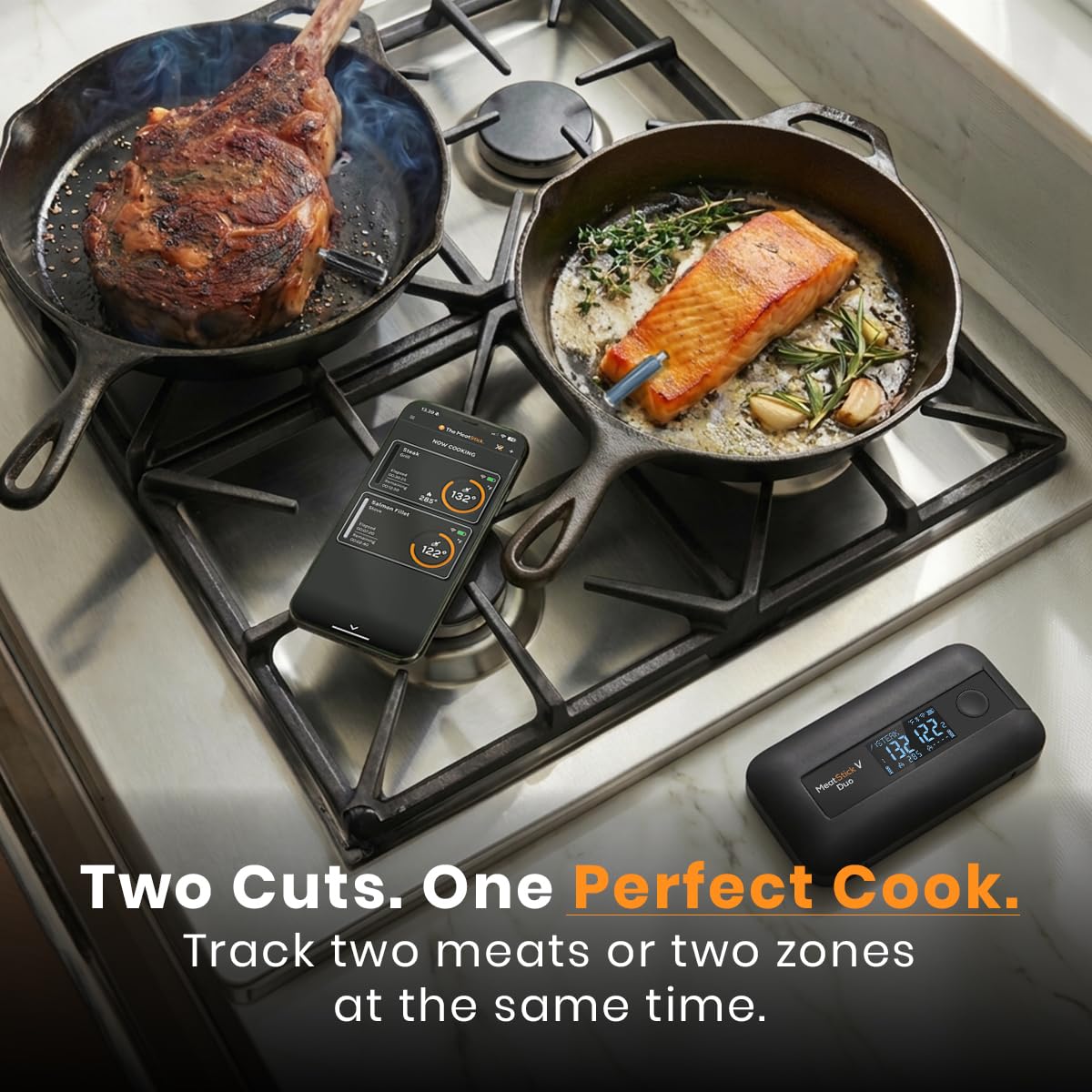 MeatStick V Duo Wireless Meat Thermometer with 2 Probes, WiFi & 900+ Ft Bluetooth, Smart Base LCD Display for Grill, Smoker, Oven, BBQ