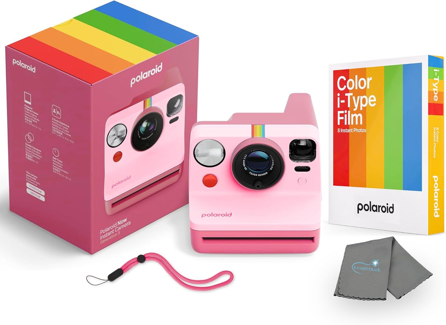 Polaroid Now 3rd Generation i-Type Instant Camera + 8 i-Type Color Film Bundle, Pink, Polaroid Camera Bundle with a Lumintrail Lens Cleaning Cloth