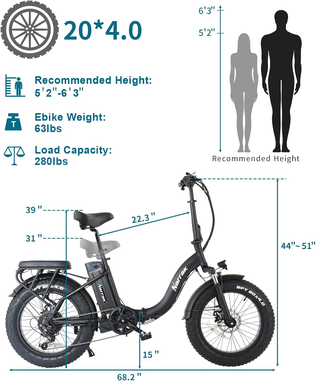 NARRAK Fat Tire Folding Electric Bike, 48V & 624Wh Lithium Removable Battery, Peak 1100W Brushless Motor, Max Speed 20Mph, M5 Large LCD Display, Suspension, Step-Over/Thru Frame