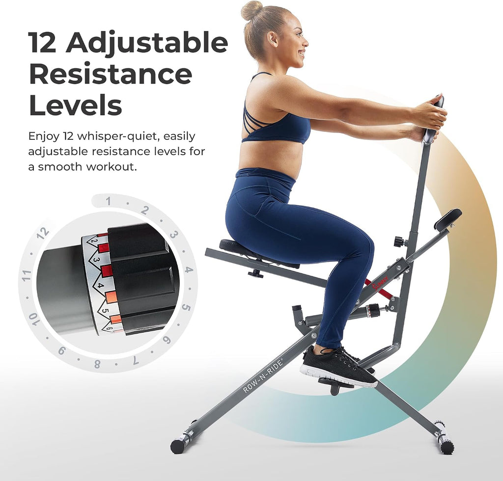 Sunny Health & Fitness Row-N-Ride PRO, Full Body Combo Squat Machine w/Optional Resistance Band, Easy Setup Ab Workout Exercise Equipment for Home, Whole Body Cardio, Optional SunnyFit App Connection