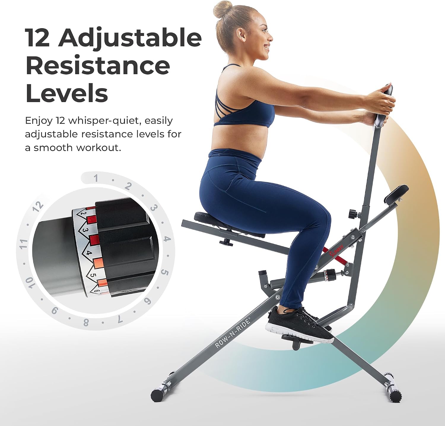 Sunny Health & Fitness Row-N-Ride PRO, Full Body Combo Squat Machine w/Optional Resistance Band, Easy Setup Ab Workout Exercise Equipment for Home, Whole Body Cardio, Optional SunnyFit App Connection