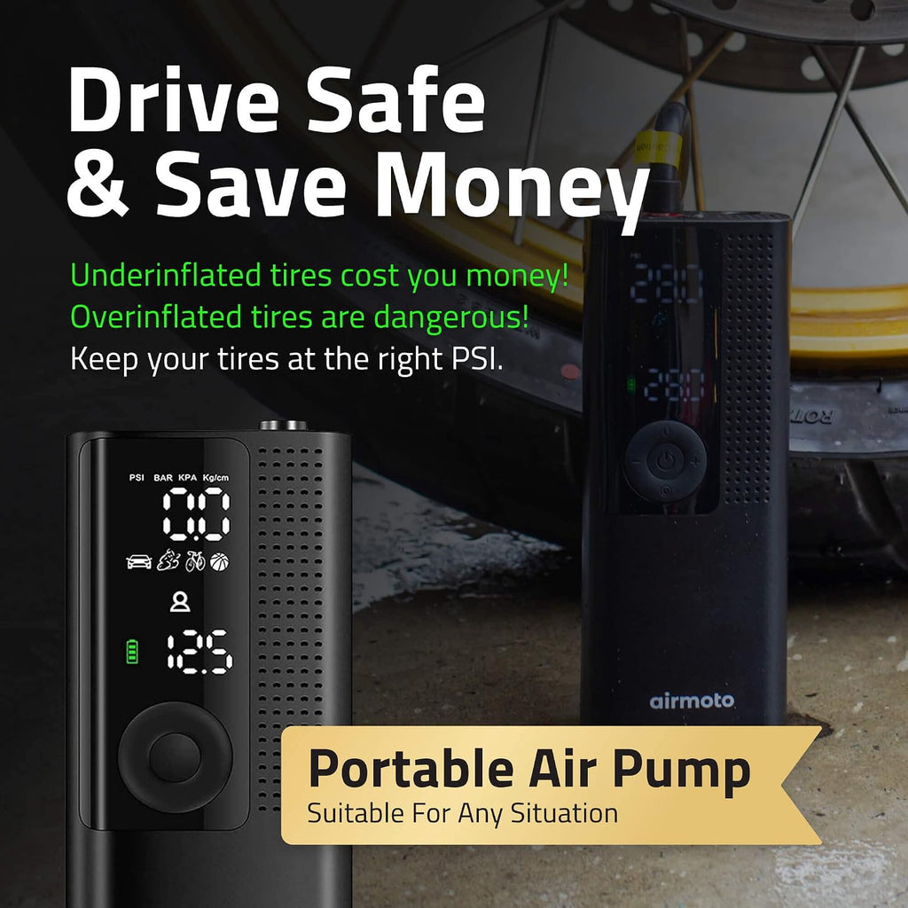 Airmoto and Power Kit Bundle Deal - 4 bundle - Tire Inflator Portable Air Compressor with Power Kit for Charging on The Road - Cordless Air Pump for Car Tires, Motorcycle, Bicycle, Balls (Pack of 4)