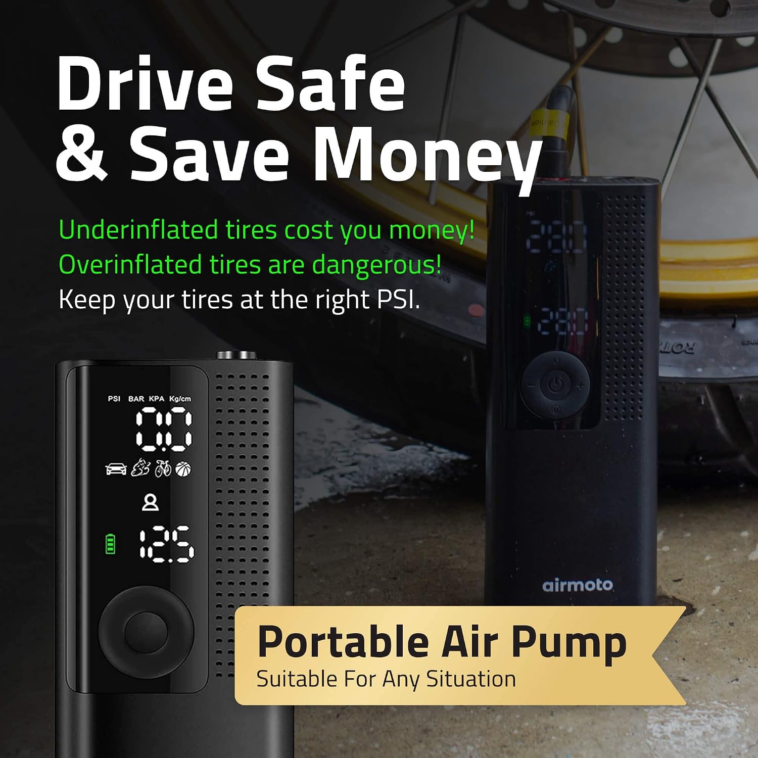 Airmoto and Power Kit Bundle Deal - 4 bundle - Tire Inflator Portable Air Compressor with Power Kit for Charging on The Road - Cordless Air Pump for Car Tires, Motorcycle, Bicycle, Balls (Pack of 4)