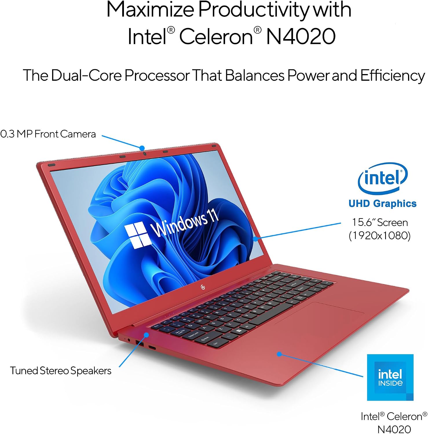 15.6' Full HD Intel 4GB RAM 64GB SSD Laptop with Windows 11 - Red