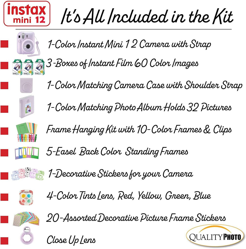 Fujifilm Instax Mini 12 Instant Camera + 60 Photo Prints + Accessories, Lilac Purple