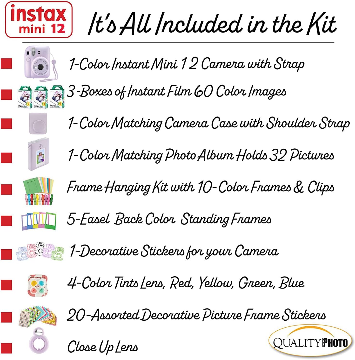 Fujifilm Instax Mini 12 Instant Camera + 60 Photo Prints + Accessories, Lilac Purple
