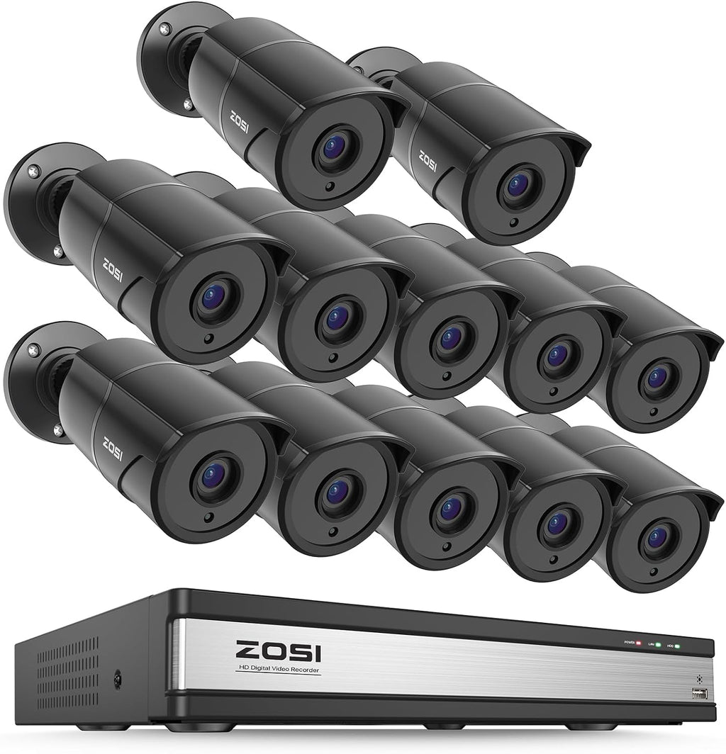 ZOSI 16CH 3K Lite Security Camera System with Audio, AI Human/Vehicle Detection, Night Vision, 12 x 1080P Metal Weatherproof Wired Cameras, 16 Channel Surveillance DVR for 24/7 Recording (NO HDD)
