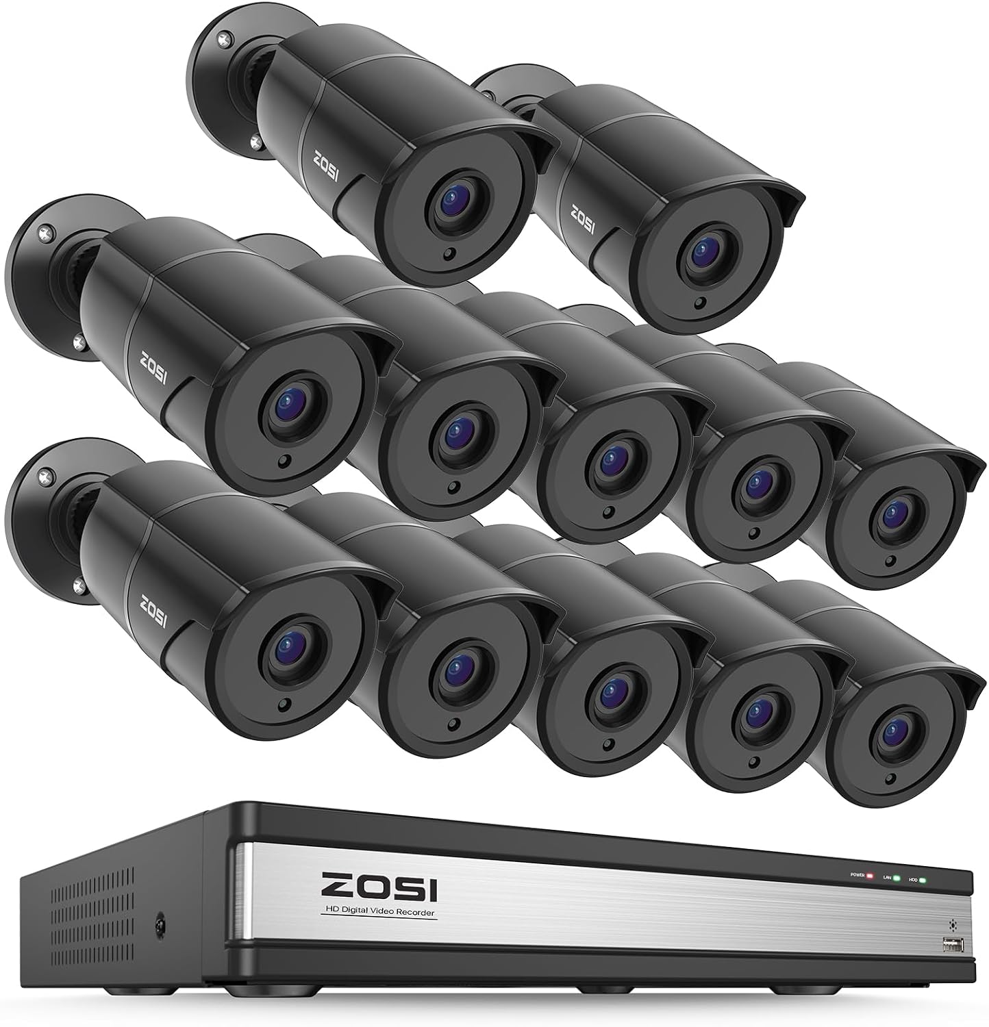 ZOSI 16CH 3K Lite Security Camera System with Audio, AI Human/Vehicle Detection, Night Vision, 12 x 1080P Metal Weatherproof Wired Cameras, 16 Channel Surveillance DVR for 24/7 Recording (NO HDD)