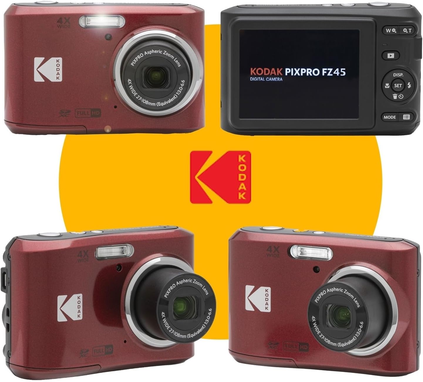 KODAK PIXPRO FZ45 16MP Digital Camera with 4X Optical Zoom 27mm Wide Angle and 2.7' LCD Screen Bundle with 32GB SD Memory Card, AA Batteries (4 Pack), Lens Cleaning Cloth (Red)