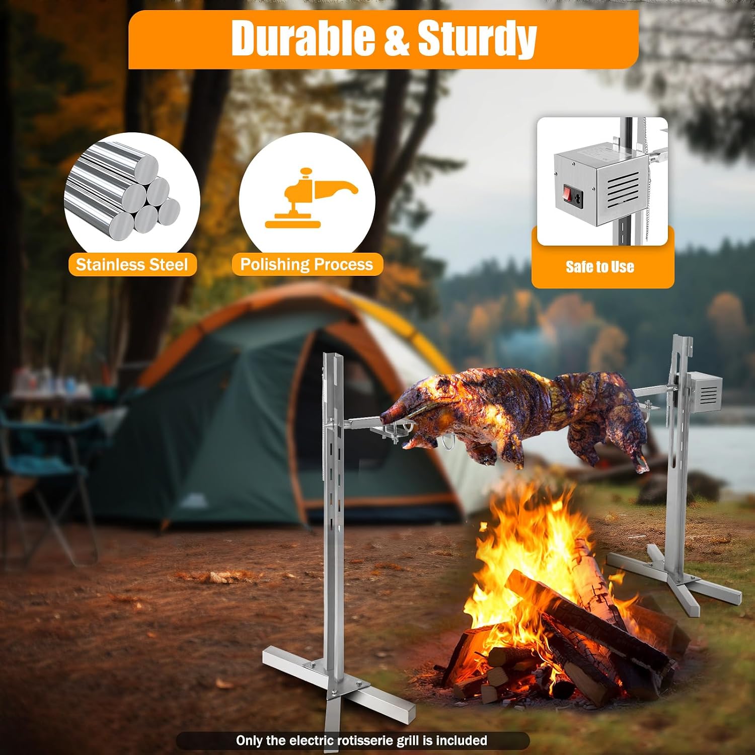 53' Electric BBQ Rotisserie Grill Kit, 88LBS Capacity Pig Roaster with Motor, 110V 25W Automatic Barbeque Rack for Wilderness and Camping, Adjustable Height, 360 Degree Rotation