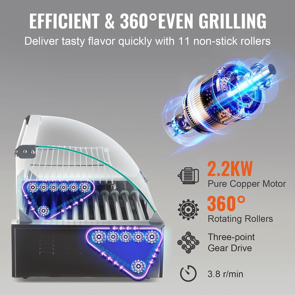 VEVOR Hot Dog Roller, 30 Hot Dog Capacity 11 Rollers, 1800W Stainless Steel Cook Warmer Machine w/Cover & Dual Temp Control, LED Light & Detachable Drip Tray, Sausage Grill Cooker for Kitchen Canteen
