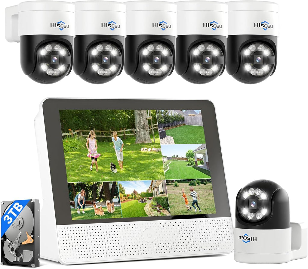 【12'' Monitor + Human Tracking】Hiseeu 4K PoE Security Camera System, 6Pcs 5MP PoE PTZ Security Cameras, All-in-One Monitor, 2-Way Audio, Remote Access, 8MP 16 Channel P oE NVR, Home CCTV Surveillance