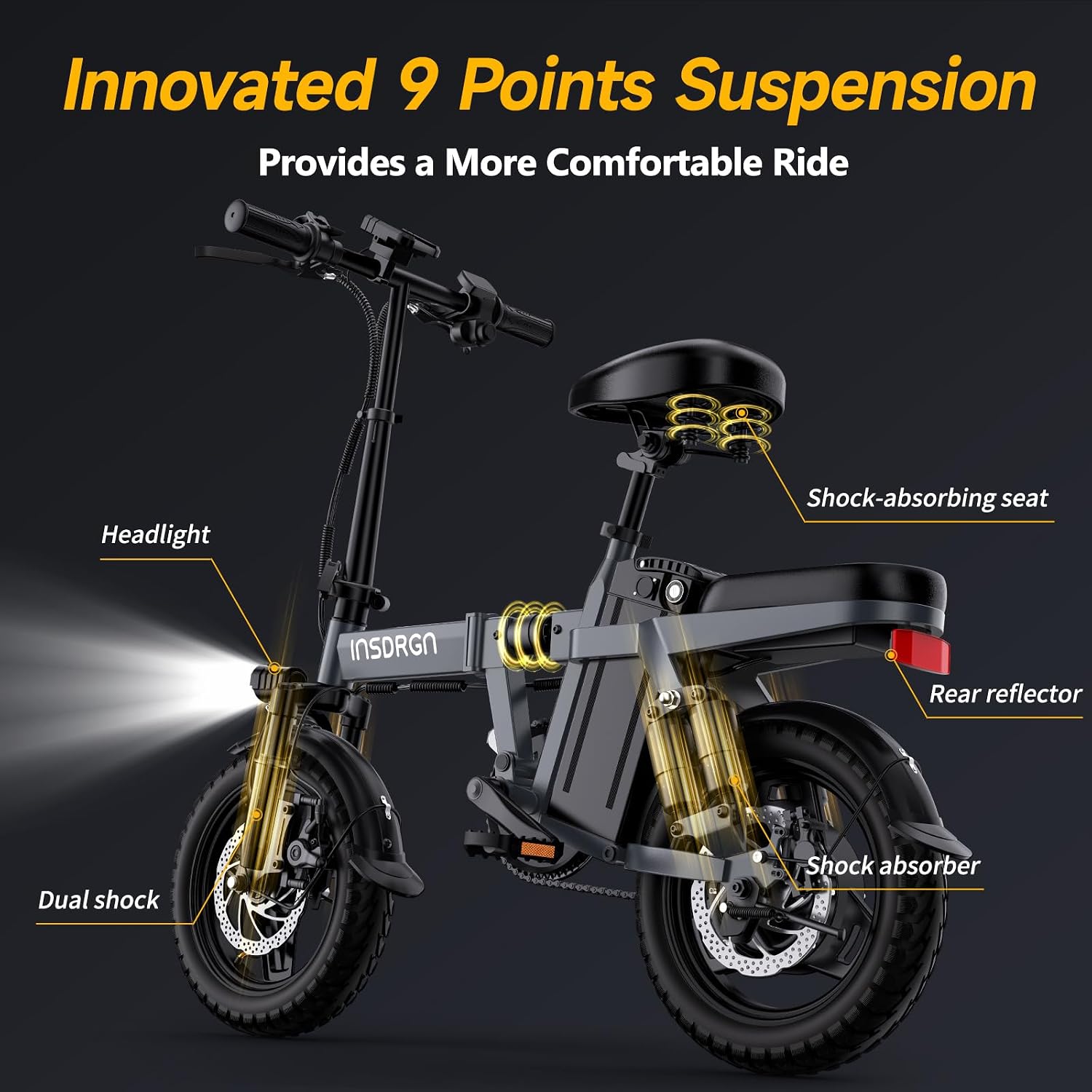 INSDRGN Folding Electric Bike for Adults Teens, Peak 1500W, 62 Miles PAS Range, 48V 16AH Removable Li Battery Ebike, 9 Shocks Full Suspension, 20 MPH Electric Bicycle, UL2849 Certified
