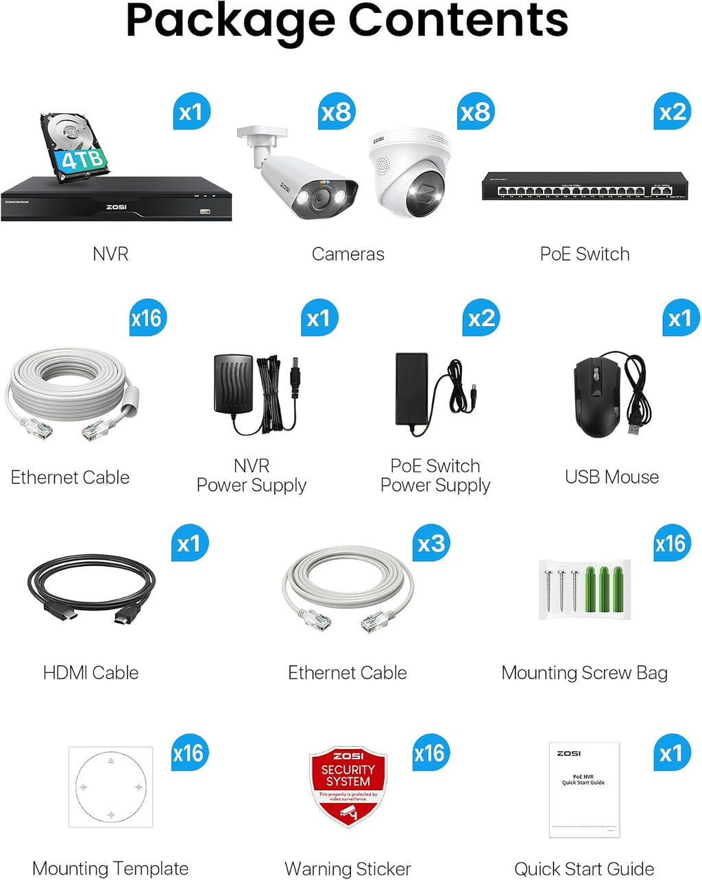 ZOSI 32CH 4K PoE Security Camera System, Face Person Vehicle Detection, 2 Way Audio, Spotlight Siren, 16pcs 8MP Outdoor Indoor IP Cameras, 32 Channel 4K NVR with 4TB HDD for 24/7 Recording