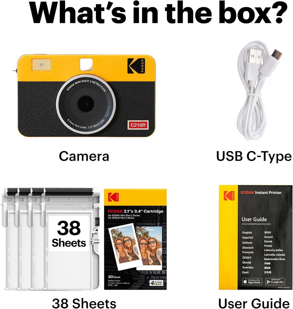 KODAK Mini Shot 2 Retro 2x3' Instant Digital Camera & Photo Printer, 38 Sheets, 2-in-1 Portable Print Camera, Bluetooth Smartphone Printer for iOS & Android, 4PASS Dye Sublimation, Yellow