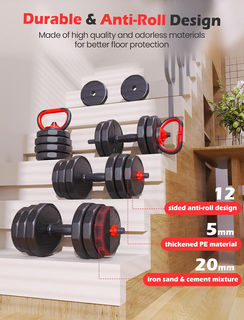 FITPLAM Adjustable dumbbell set,20/35/45/55/70/90lbs Free Weights set with upgraded nut, 5 in 1 Weight Set Used as Kettlebells, Barbell, Push up Stand, Fitness Exercise for Home Gym Suitable Men/Women