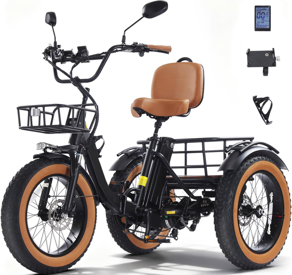KAKIGO Electric Tricycle for Adults,Peak 1350W Motor Etrike,48V15.6Ah Ebike,20'x4'Fat Tire Aluminum Folding Electric Trike,3-Wheel Electric Bike,20MPH,Front&Rear Basket&Differential