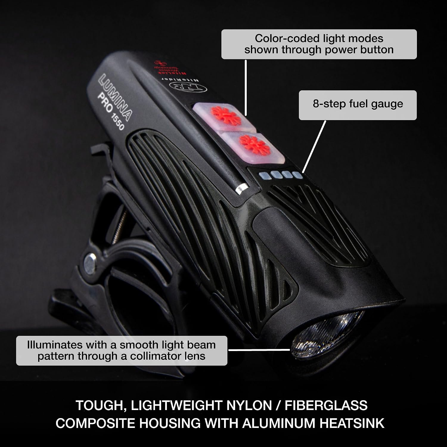 NiteRider Lumina Pro 1550 NiteLink USB-C Rechargeable Bike Light Powerful 8 Modes Fuel Gauge IP64 Waterproof Bicycle Headlight LED Front Light Easy to Install Cycling Safety MTB Road Commuter EBike