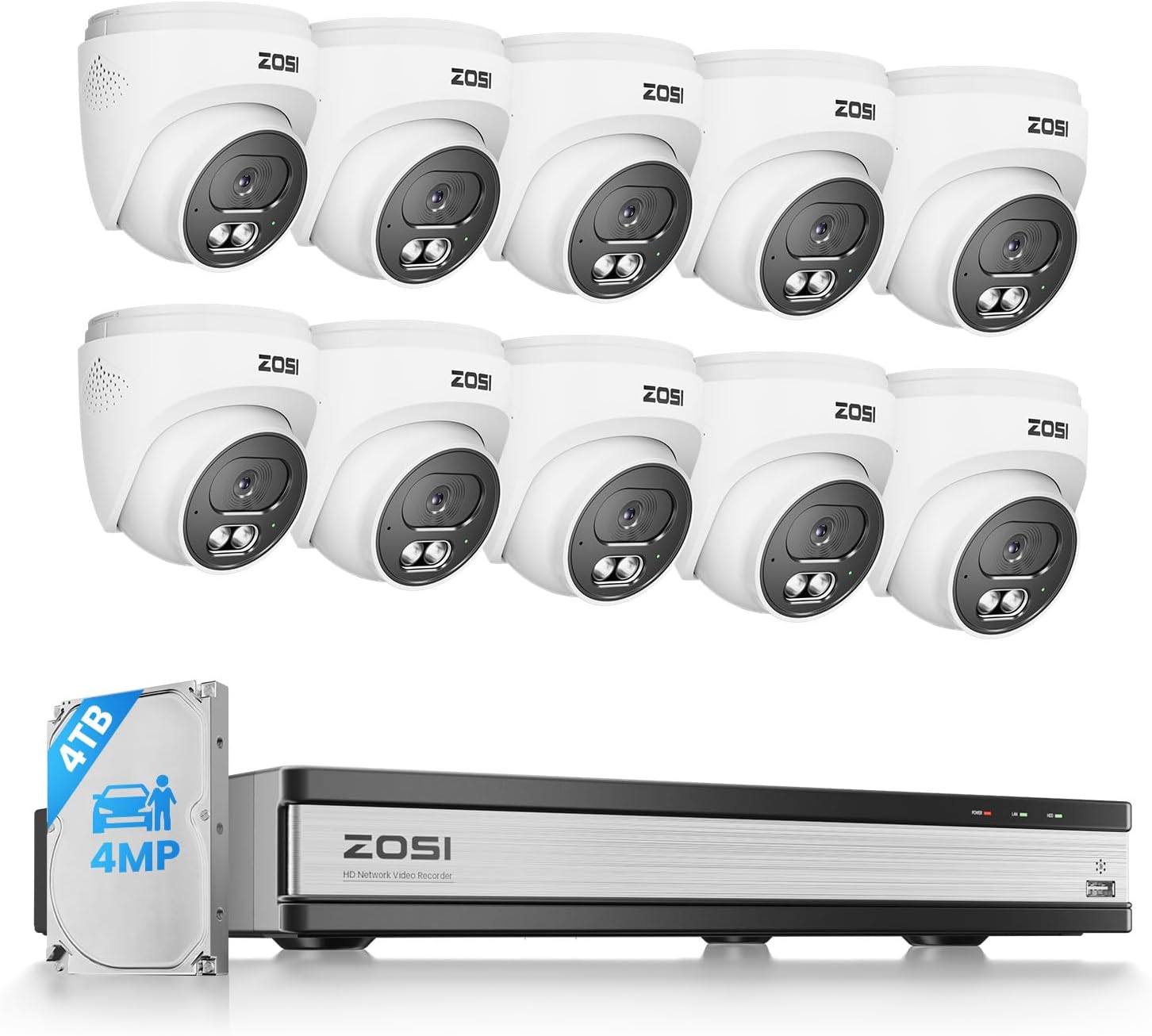ZOSI C220 16CH 4K PoE Home Security Camera System, 16CH 8MP 4K NVR with 4TB HDD for 24/7 Record, 10 x 4MP(1440p) QHD 2.5K Dome IP Cameras Outdoor Indoor, Smart AI Human Detection, Two-Way Audio