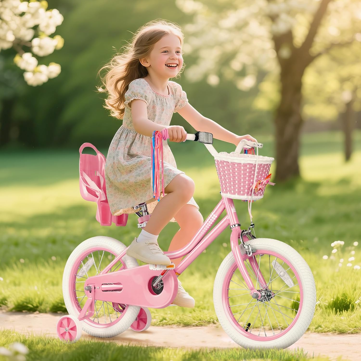 Glaf Toddler Girls Bike 12 14 16 20 Inch Girls Bike with Training Wheels Age 2-12 Years Old Bicycle Kids Bike with Basket and Doll Seat Adjustable Seat