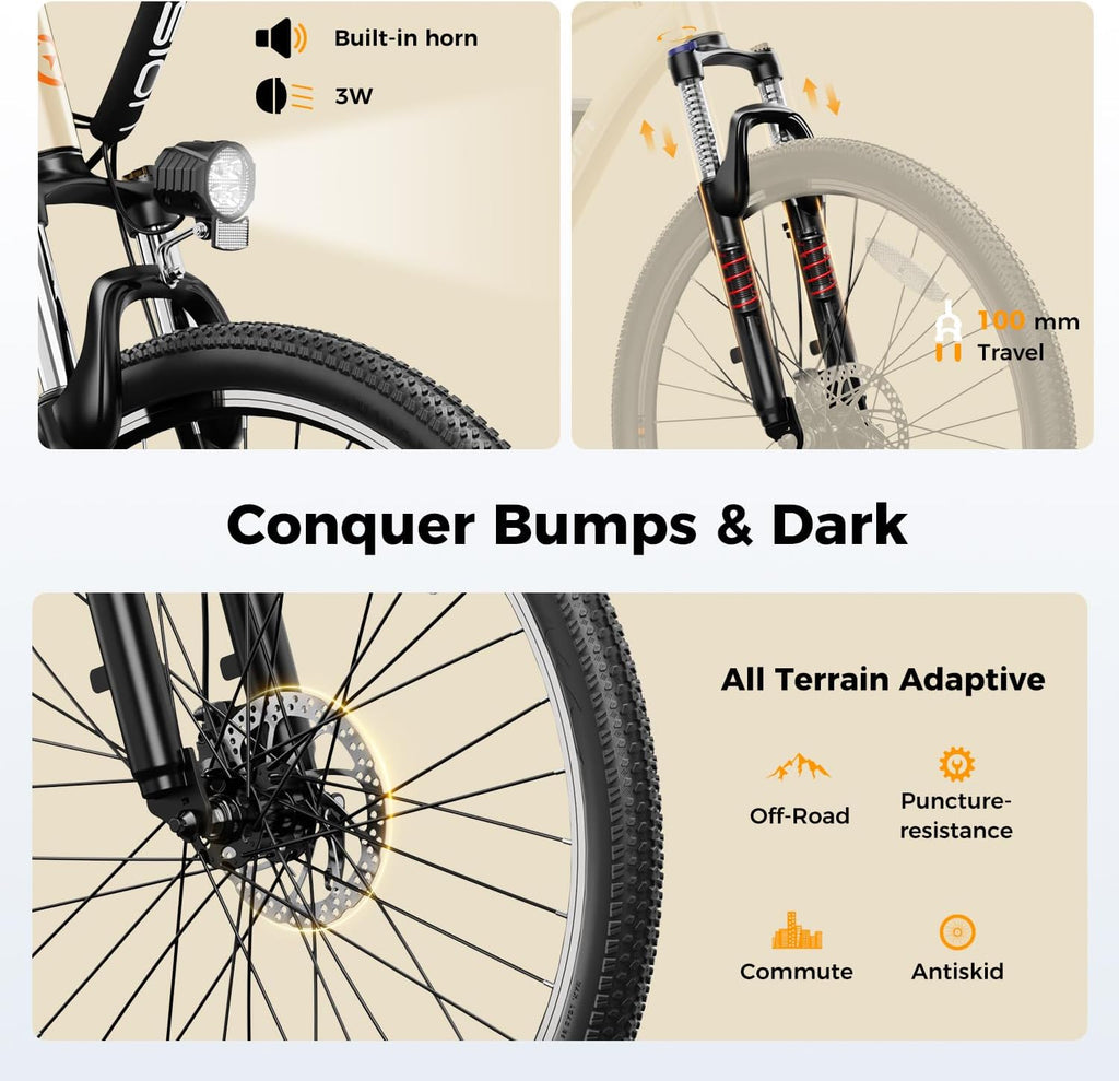 Jasion EB5 Electric Bike for Adults with 1000W Peak Motor,Removable Battery Commuting Electric Mountain Bike,Up to 40Miles,7-Speed and Front Fork Suspension Ebike
