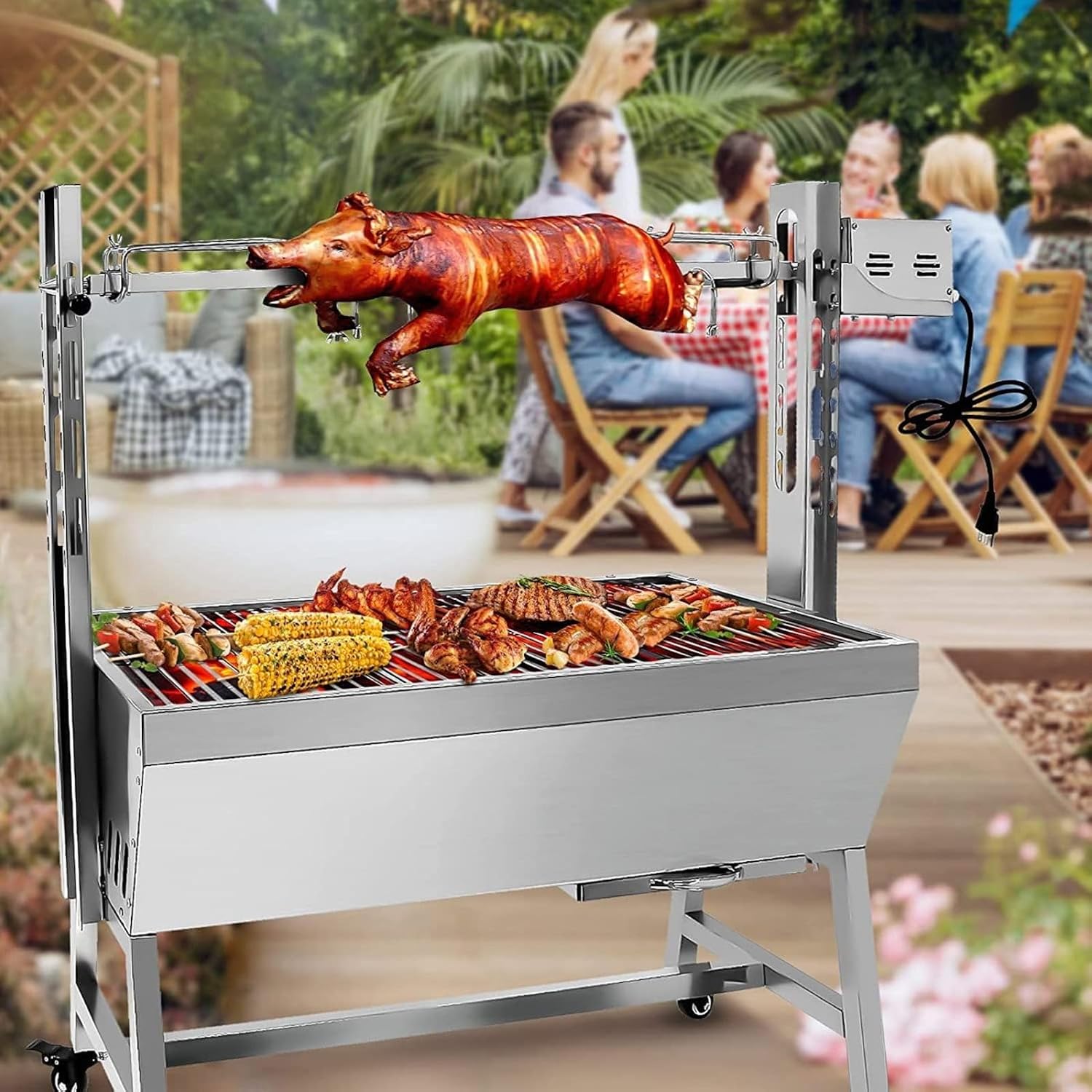 Stainless Steel Rotisserie Grill, 25W Motor Small Pig Lamb Rotisserie Roaster, 37'' 2 In 1 BBQ Charcoal Rotisserie Grill for Camping Outdoor Kitchen