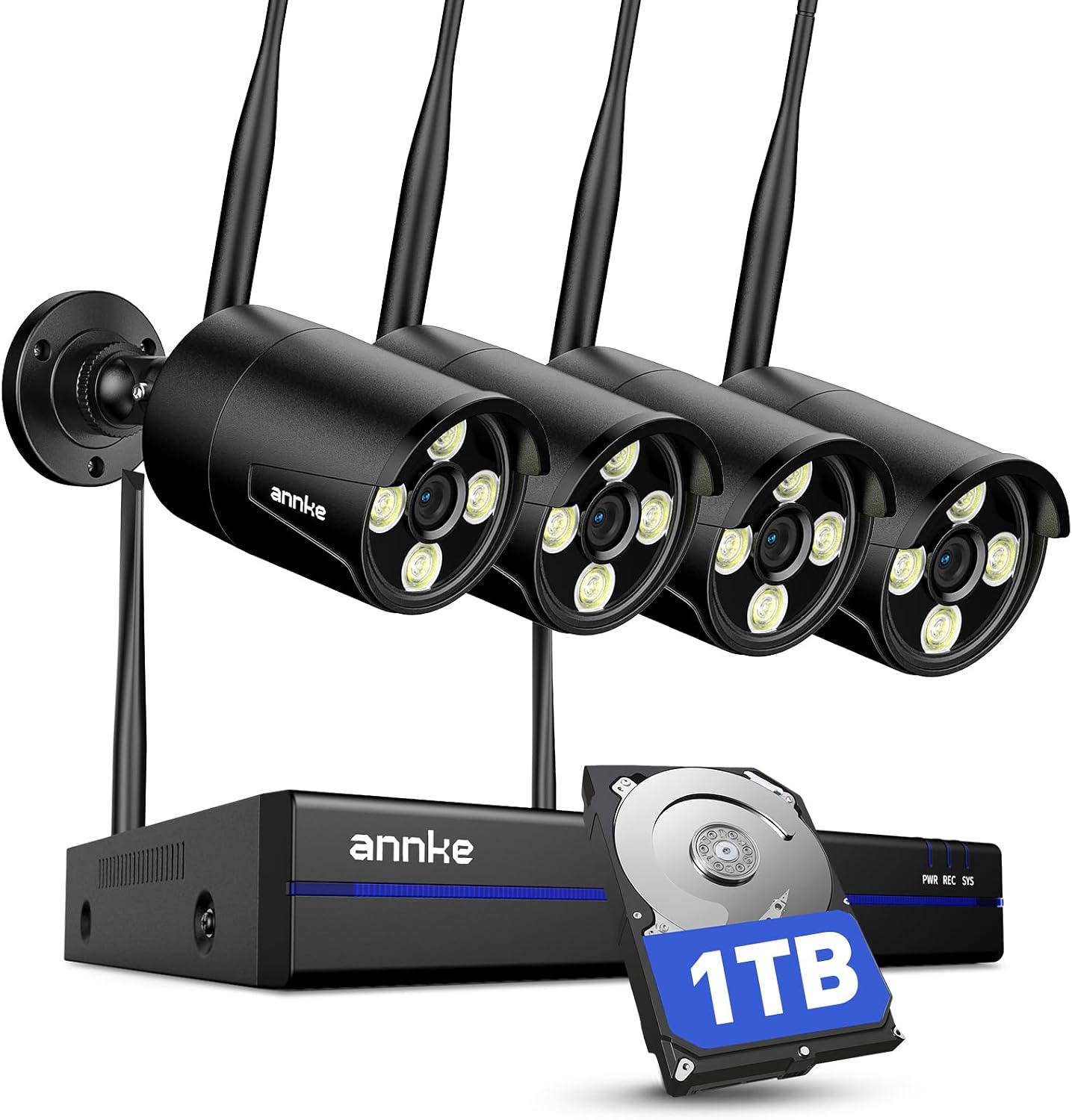 ANNKE Wireless Security Camera System-16CH Expandable 4K Security NVR, 4Pcs 2K Outdoor Cameras, 2-Way Voice, Motion Alert, Weatherproof, Mobile App-Controlled for Indoor/Outdoor Use, 1TB