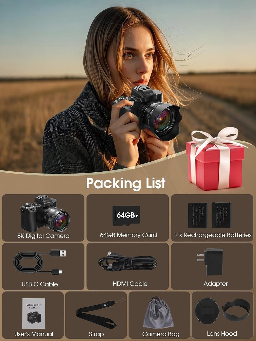8K Digital Camera, 88MP Cameras for Photography with WiFi & Touch Screen, 16X Zoom Vlogging Camera for YouTube Video, Autofocus & Anti-Shake, Dual Camera, 2 Batteries, 64GB Card, Flash, Lens Hood