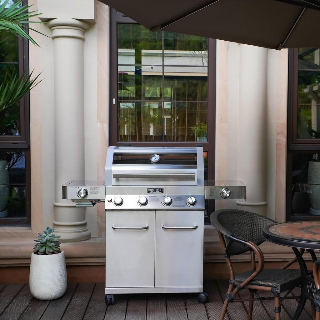Monument Grills Larger 4+2 Burner Propane Gas Grills Stainless Steel Cabinet Style with Clearview® Lid, Knob Controls, Built-In Thermometer, Infrared Side Sear Burners & Side Burners, Outdoor Use