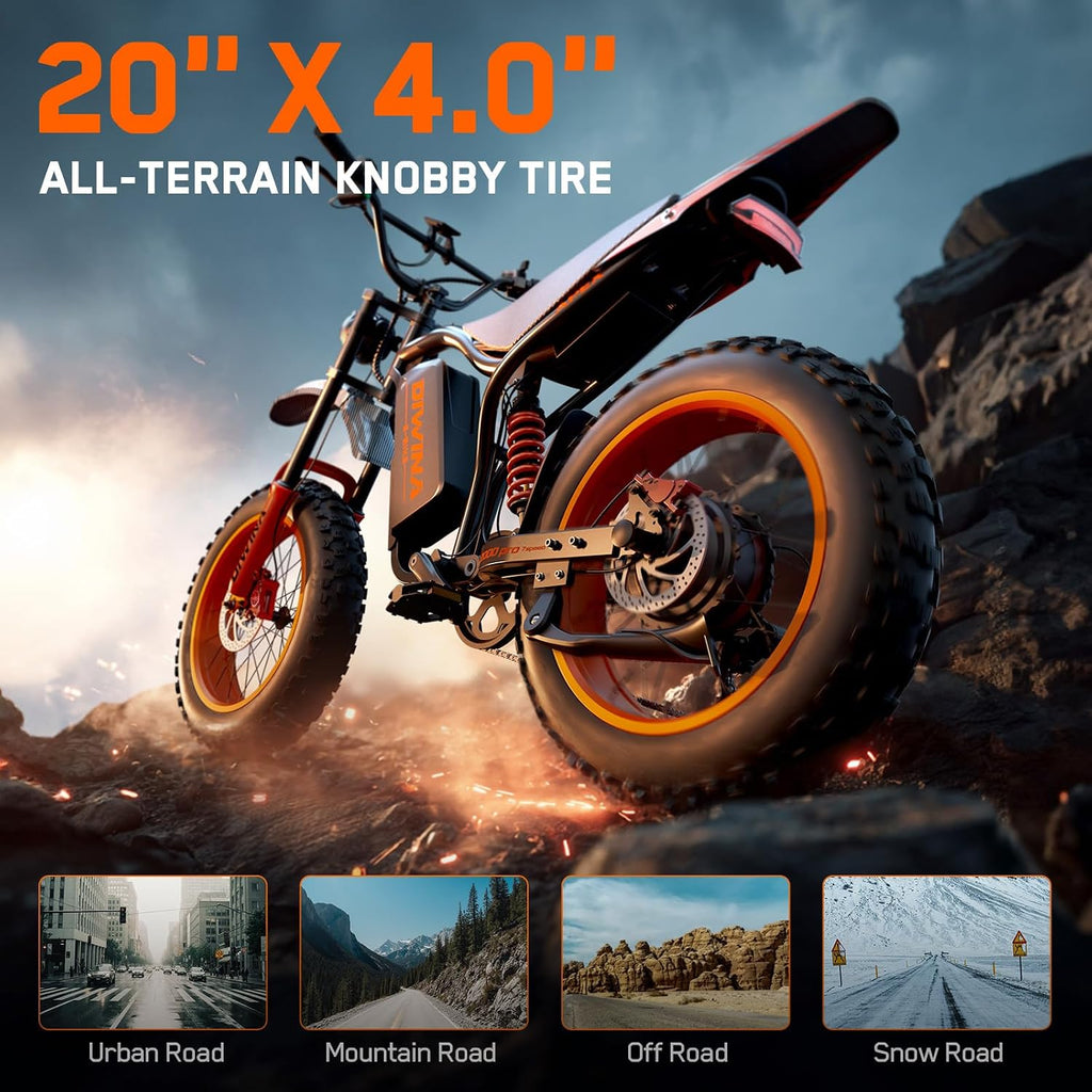 Electric Bike for Adults-3000W/5000W Peak, 60V 32/36AH Battery, 40/45MPH 100 Miles Long Range Ebike, Fat Tire 20Inch, 7-Speed Hydraulic Brake, Electric Dirt Bike Snow Commuter