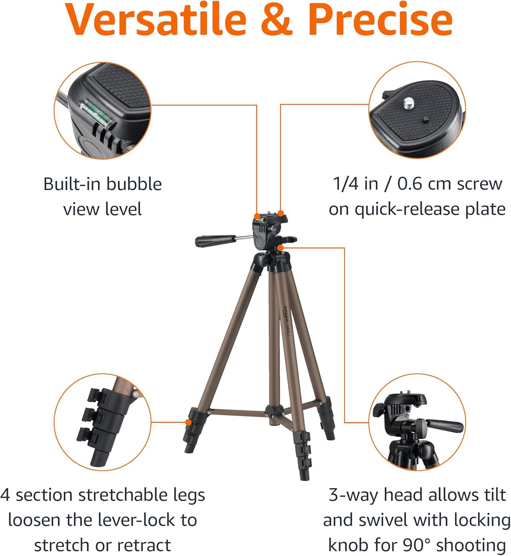 Amazon Basics 50-inch Lightweight Portable Camera Tripod Stand with Quick-Release Plate,Adjustable Height,Aluminum,for Travel Photography,Champagne,(Pack of 10)
