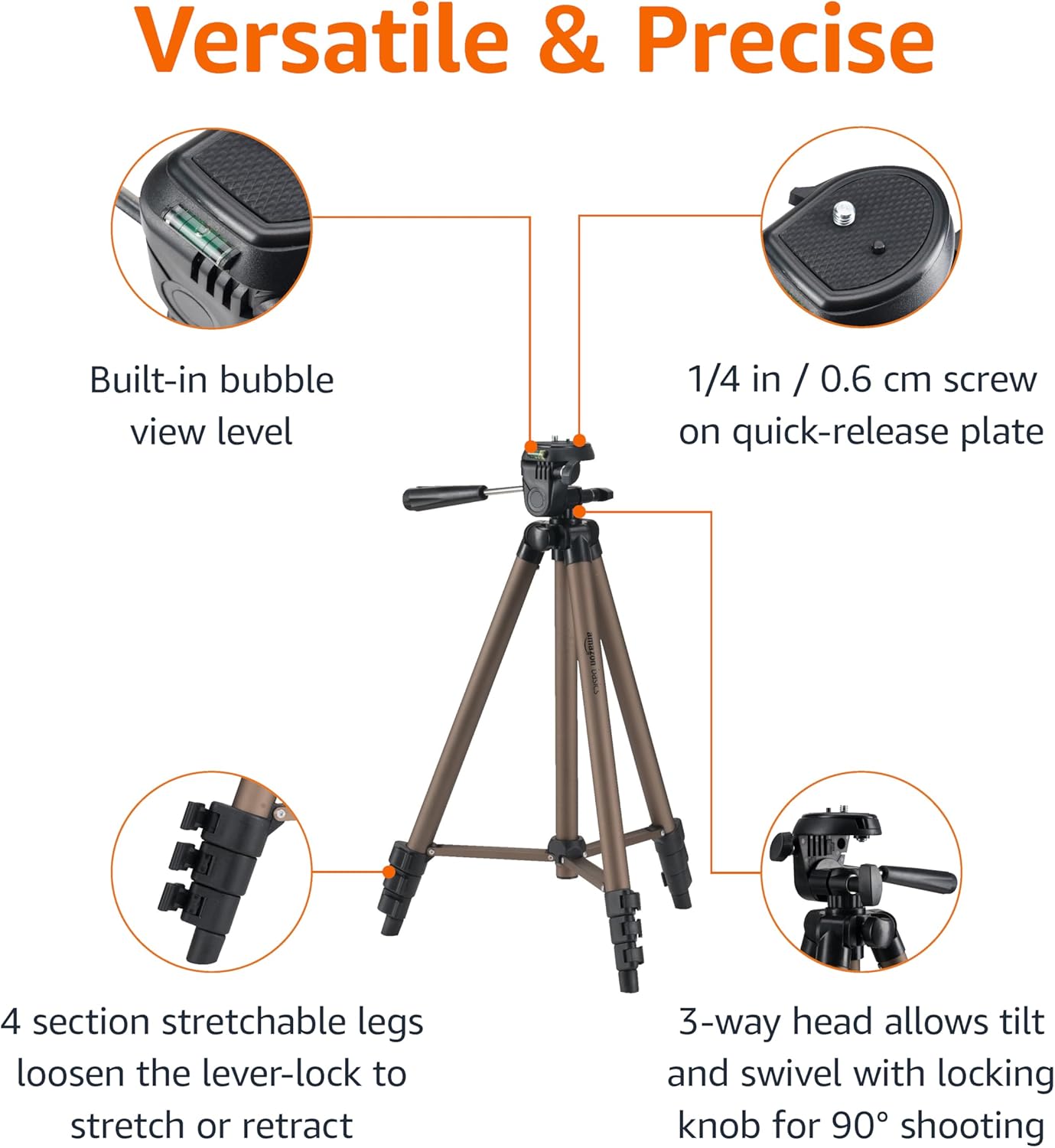 Amazon Basics 50-inch Lightweight Portable Camera Tripod Stand with Quick-Release Plate,Adjustable Height,Aluminum,for Travel Photography,Champagne,(Pack of 10)