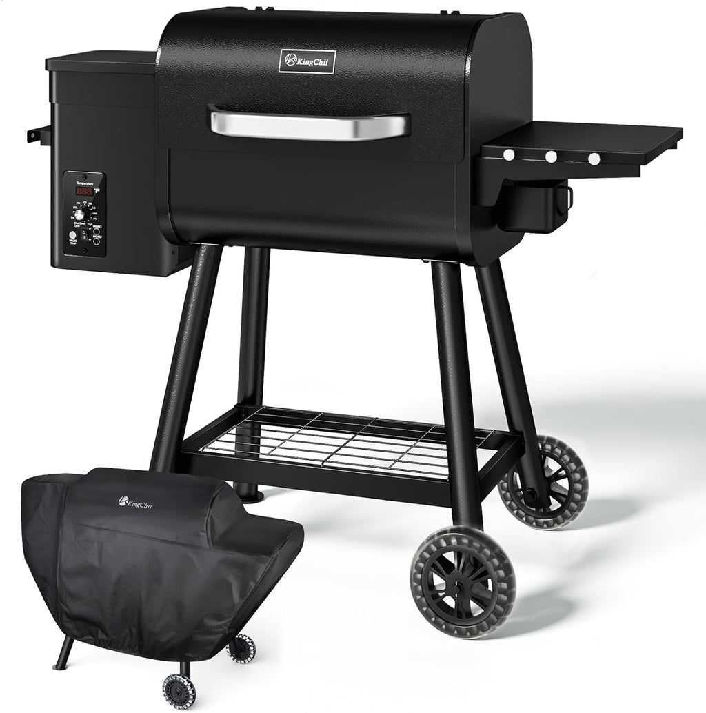 KingChii Electric Wood Pellet Grill & Smoker with Side Shelf, 456 SQ.IN Grill Capacity, 18LB Hopper, with PID Temperature Control (180-425°F) for Backyard Camping Bake and Roast, Black with Cover