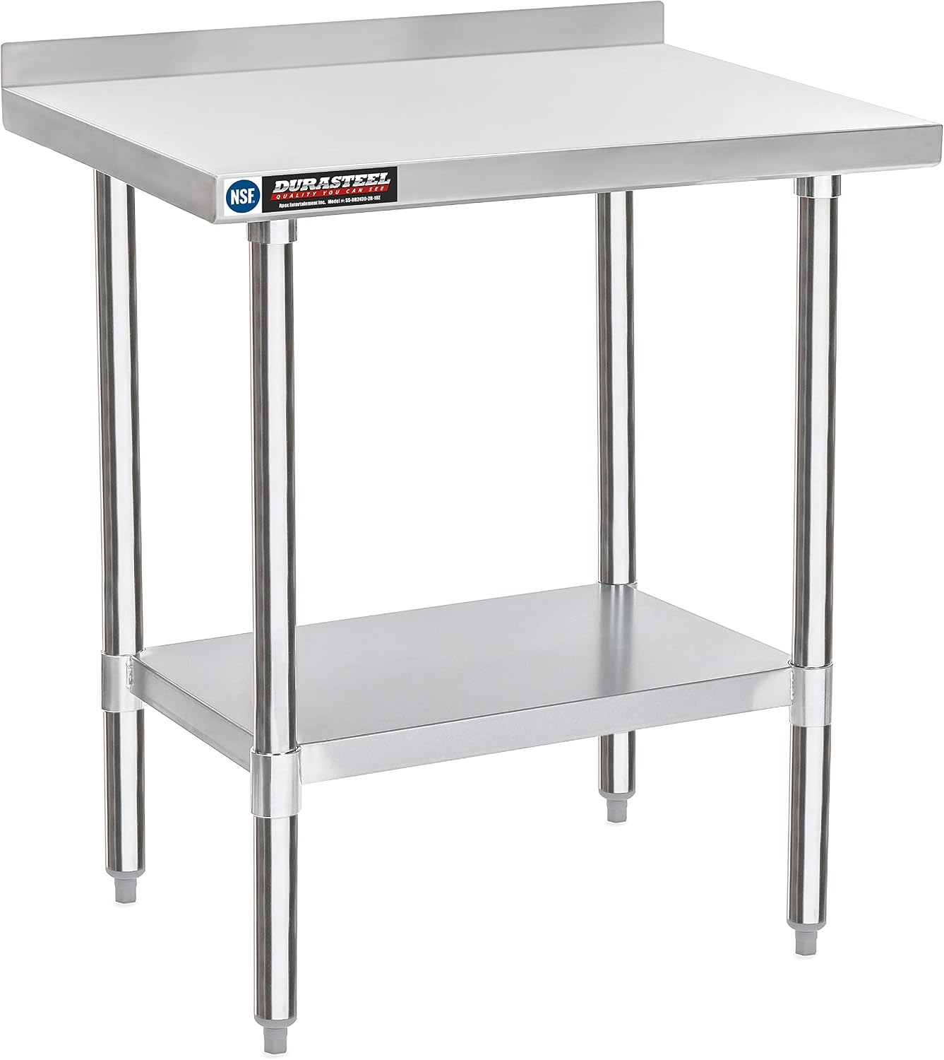 DuraSteel NSF Commercial Kitchen Table - 24 x 30 Inch Cooking Prep Stainless Steel Kitchen Island Workstation w/ Adjustable Under Shelf - Heavy Metal Backsplash Workbench For Restaurant, Home, Garage