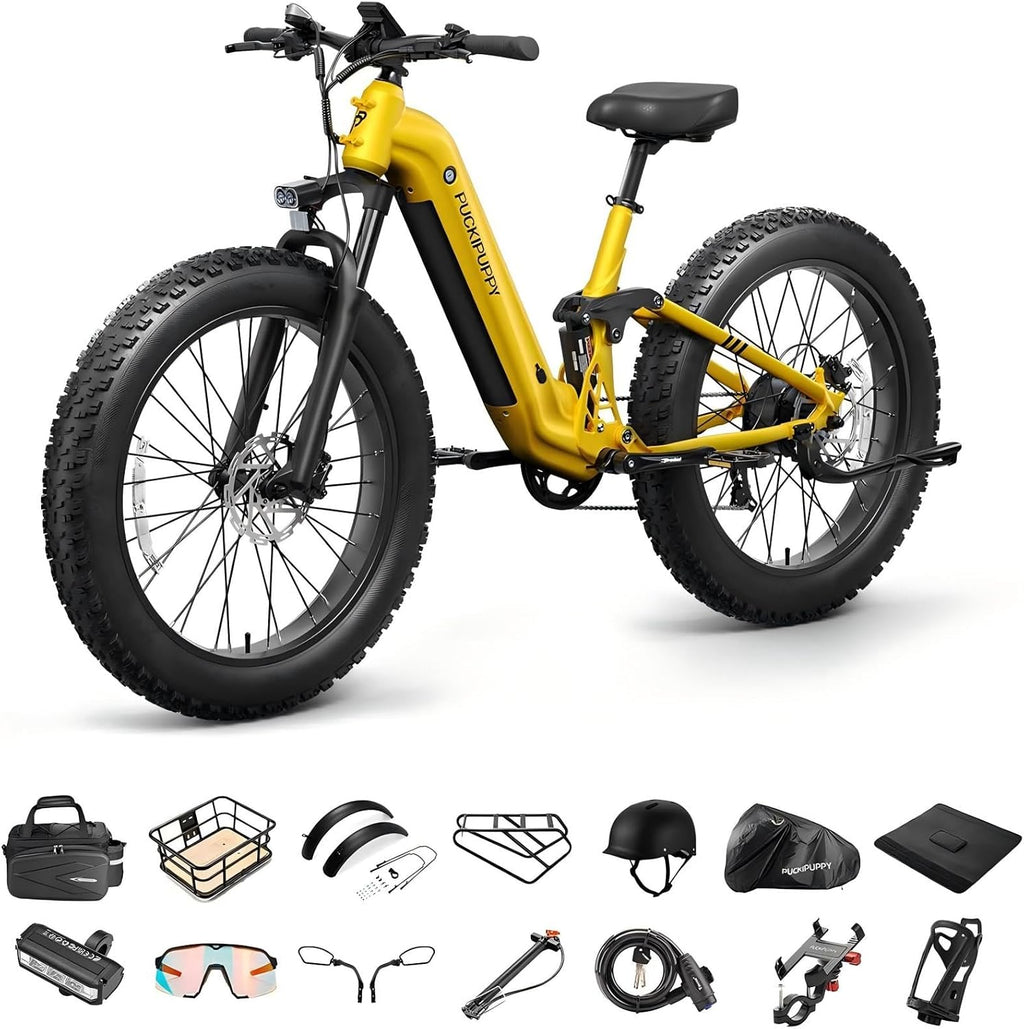 PUCKIPUPPY Electric Bike for Adults 960W+A Luxury Accessory Pack, 48V 20AH Battery Adult Electric Bicycles, 26' Fat Tire Full Suspension Step-Thru Ebike, 28MPH Mountain Ebike, 7 Speed, 80Miles Range