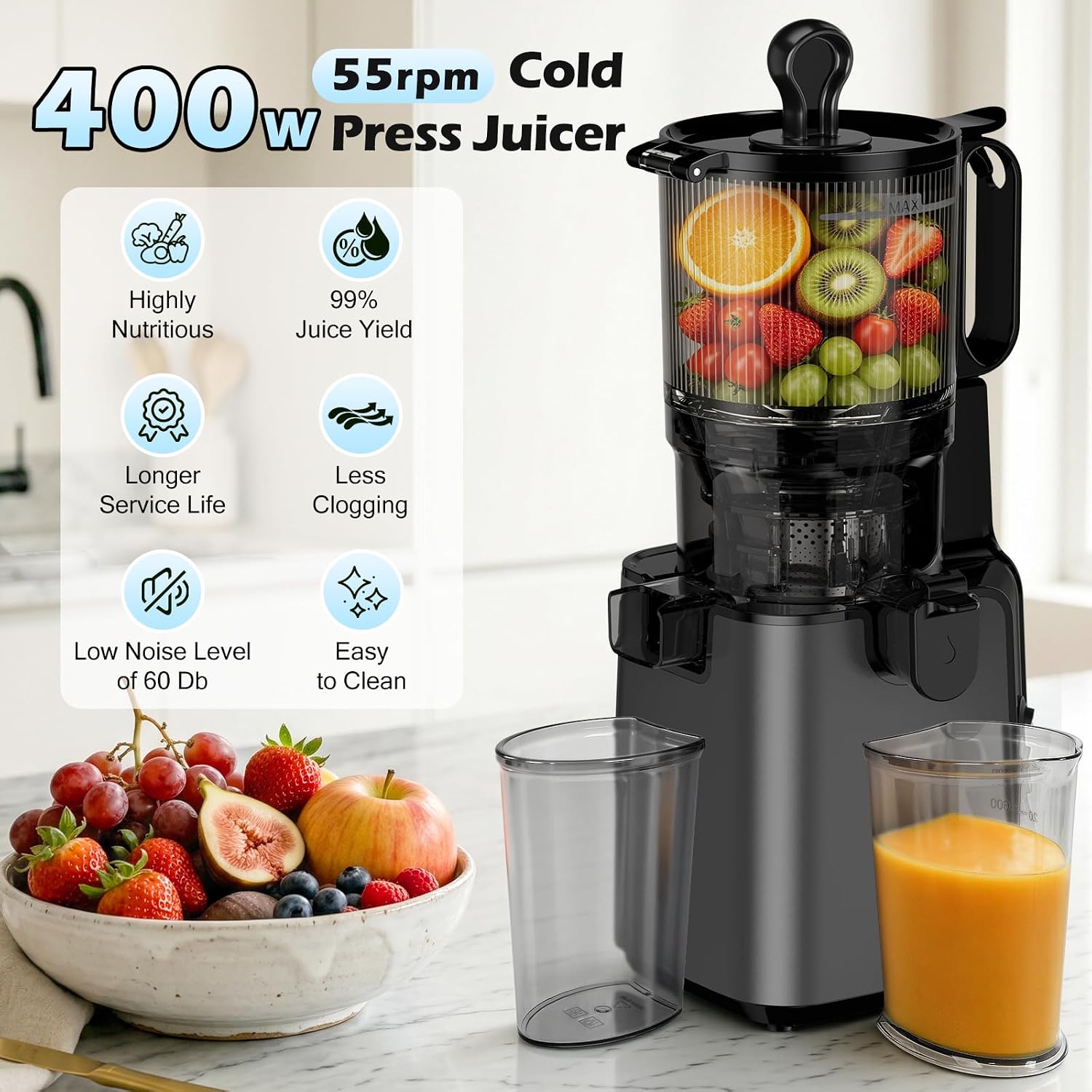 Juicer Machines with 5.8' Large Chute, 2-in-1 Cold Press Juicer for Whole Vegetables Fruits 400W, Masticating juicer Easy to Clean Juice Extractor Machine for Making Nut Mike, Juice, Premium Gray