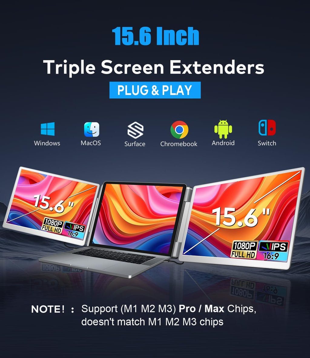 15.6' Laptop Screen Extender, Left Screen 360° Flip Triple Screen Monitor Extender, FHD 1080P IPS Portable Travel Monitor Display, fit for 12-18.5' Laptops, Compatible with Windows and MacBook-S10