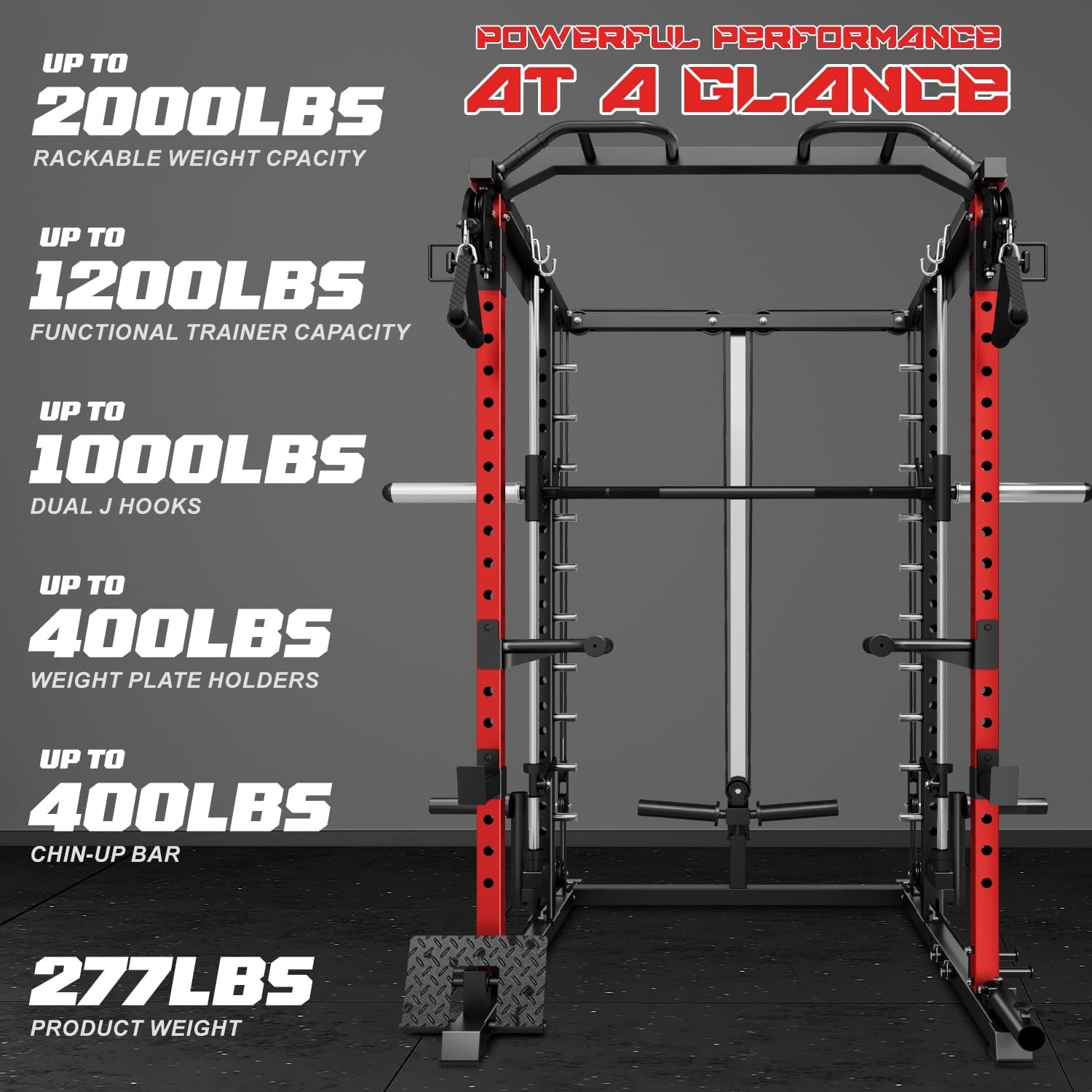 S1-V4 Smith Machine, 2000LBS Power Cage with Cable Crossover System, All-in-One Squat Rack with Smith Bar, Strength Training Equipment for Hone Gym