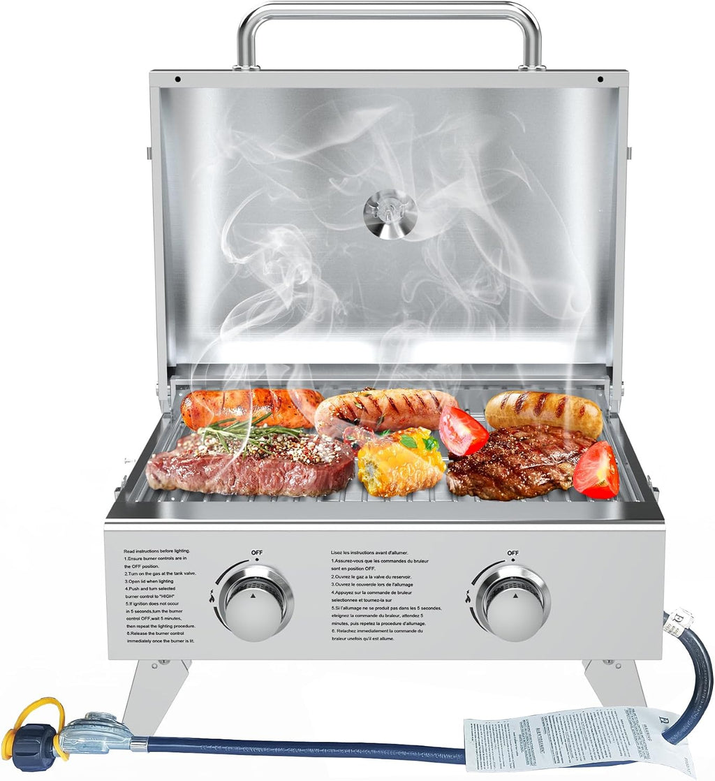 BBQCuker Portable Propane Gas Grill 2-Burner Tabletop with Foldable Legs for Outdoor Camping Cooking Two 10,000 BTU Burners Stainless Steel, and Built-in Thermometer Chef's Style
